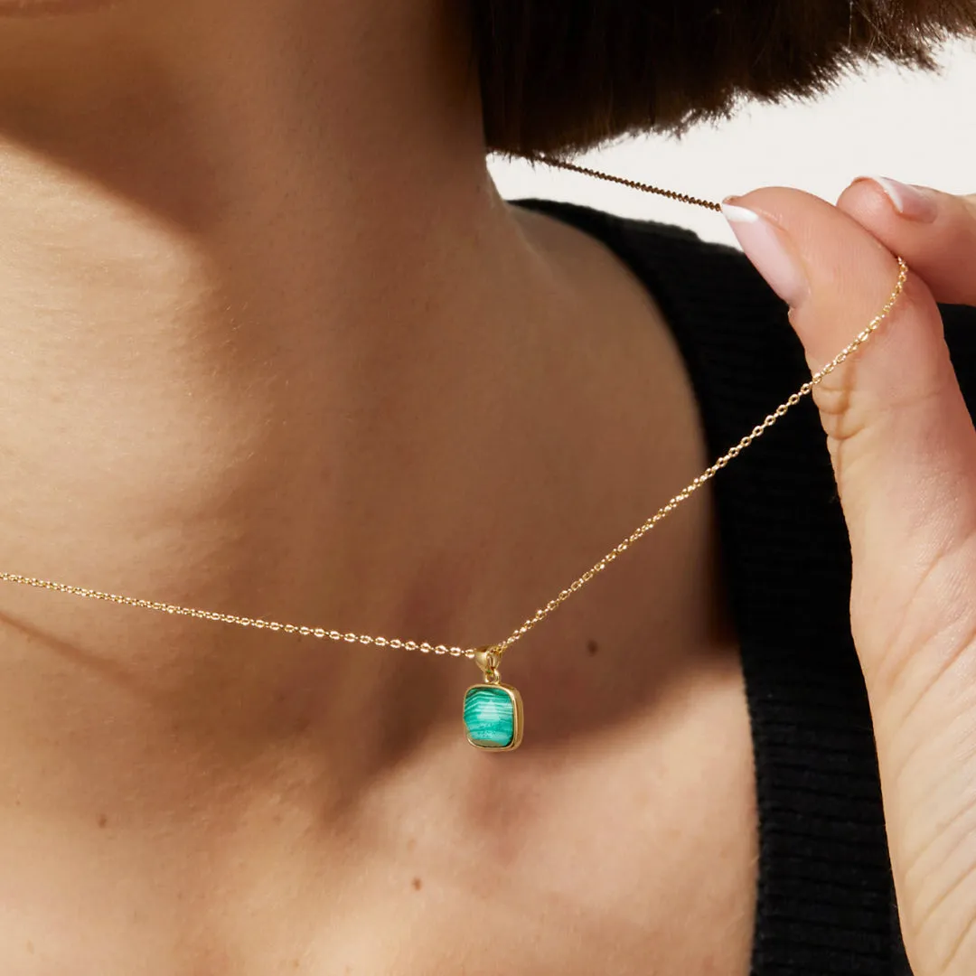 Bubble Letter 14K Gold Plated Healing Crystal Necklace Natural Energy Stone Pendant Necklace - Malachite