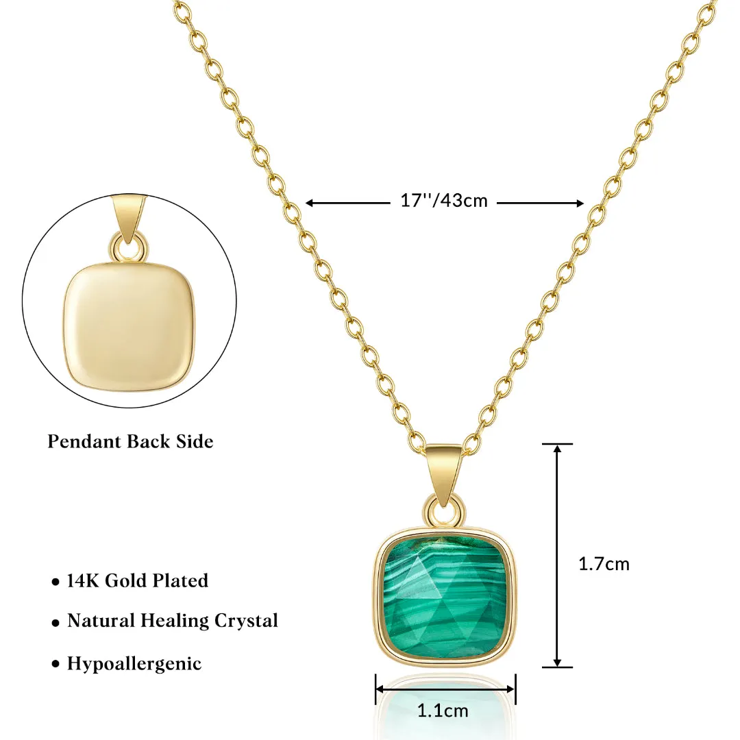 Bubble Letter 14K Gold Plated Healing Crystal Necklace Natural Energy Stone Pendant Necklace - Malachite