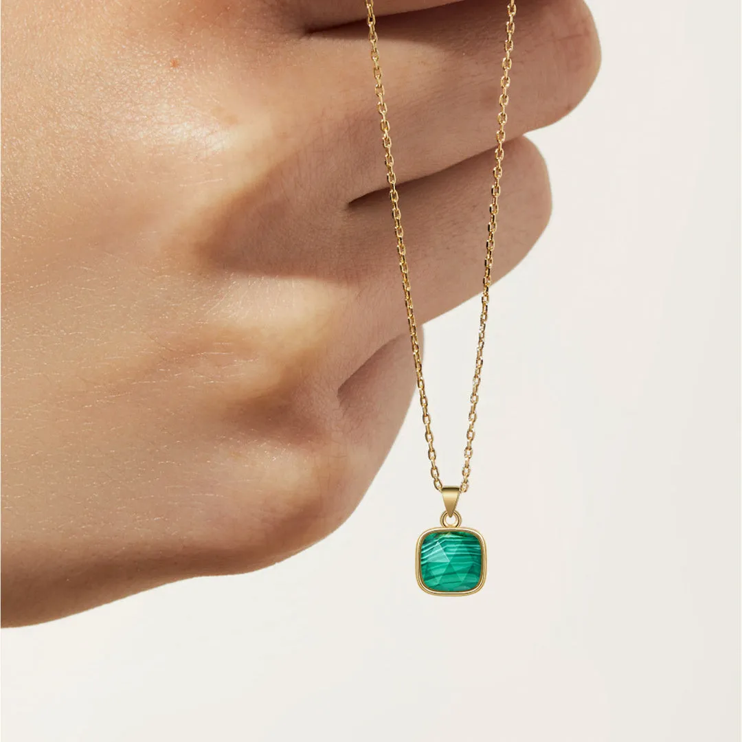 Bubble Letter 14K Gold Plated Healing Crystal Necklace Natural Energy Stone Pendant Necklace - Malachite