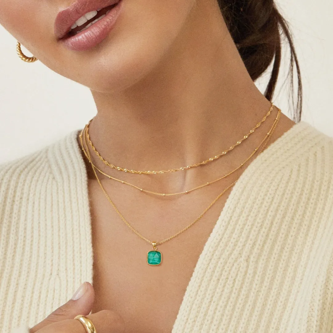 Bubble Letter 14K Gold Plated Healing Crystal Necklace Natural Energy Stone Pendant Necklace - Malachite