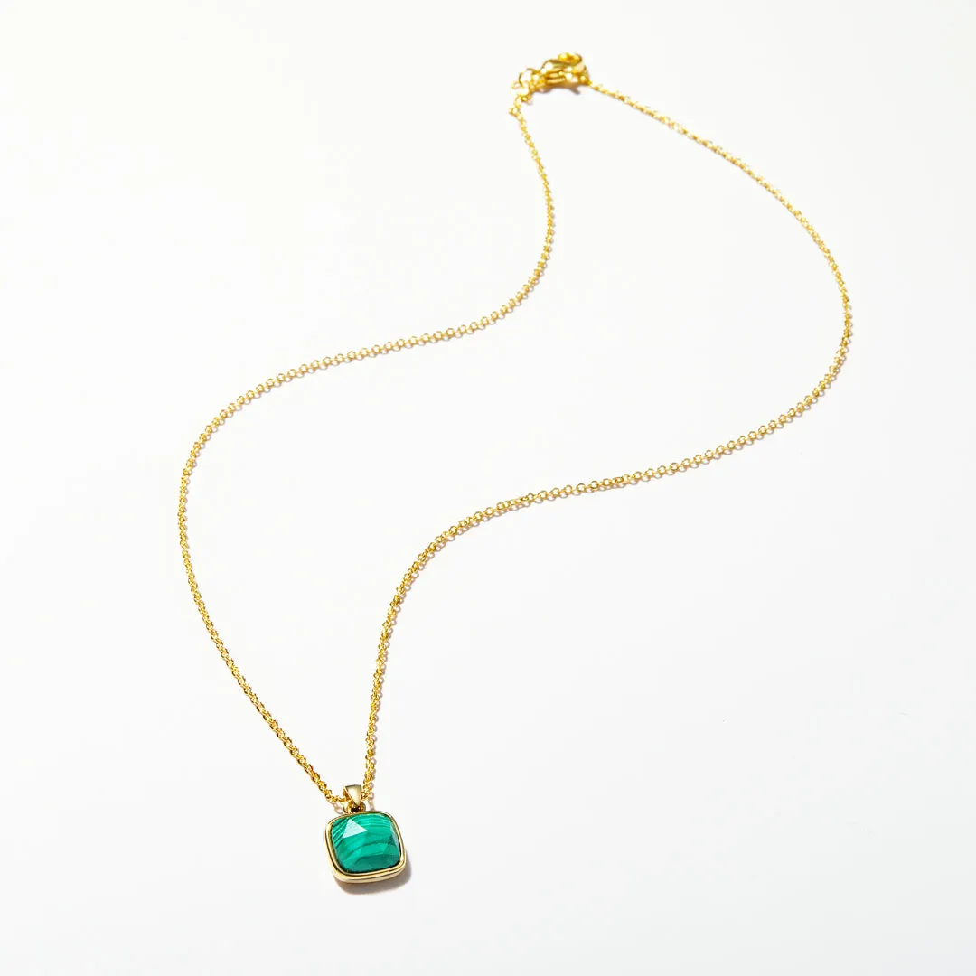 Bubble Letter 14K Gold Plated Healing Crystal Necklace Natural Energy Stone Pendant Necklace - Malachite