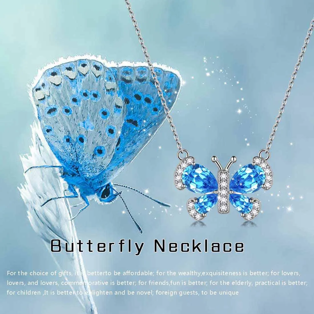 Butterfly Necklace Birthstone March Aquamarine Pendant Women Girls Jewelry Birthday Gift