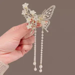 Butterfly Tassel Pearl Hair Claw Red Flower Festival Hairpin For Girls Ponytail Hair Clips Crab Women Fashion Accessories Gifts