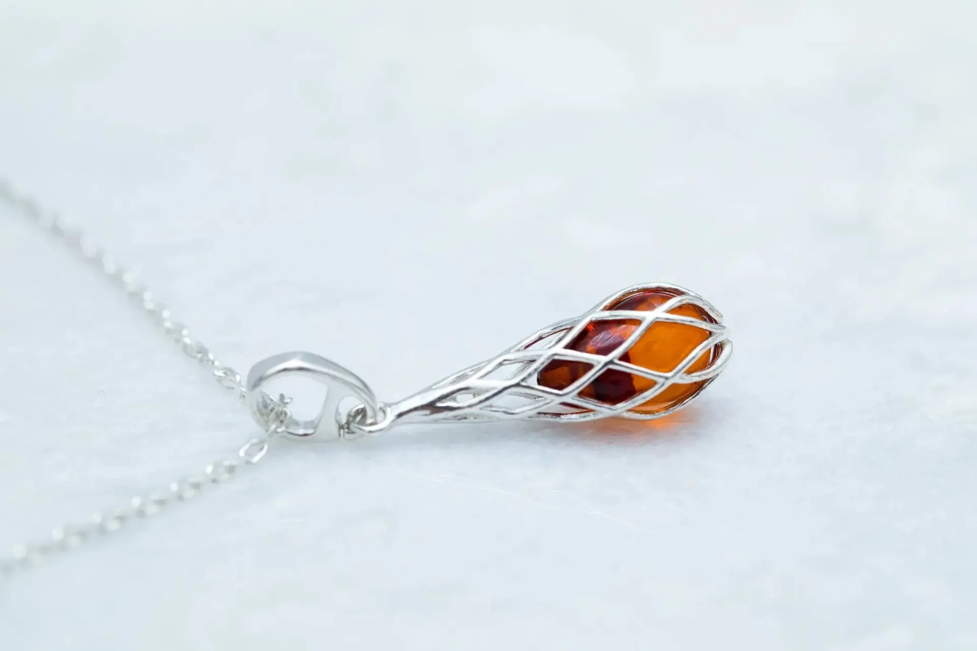 Caged Teardrop Amber Pendant - Handcrafted Baltic Amber Necklace