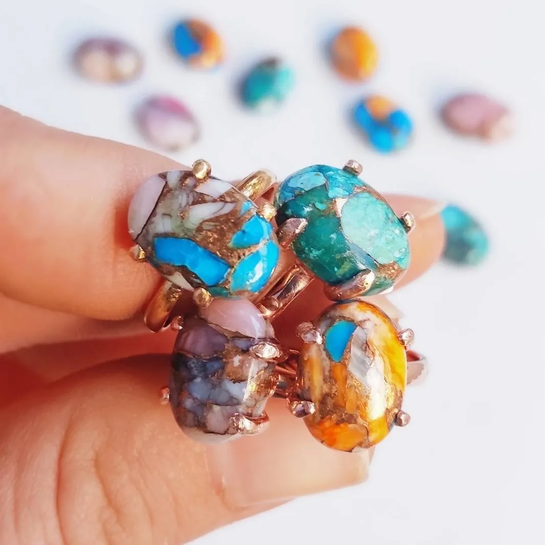 Chrysocolla Cabochon Turquoise and Opal Rings