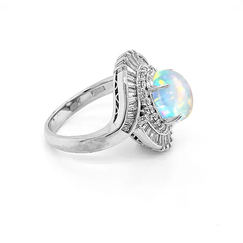 Crystal Opal Diamond Platinum Spiral Ring