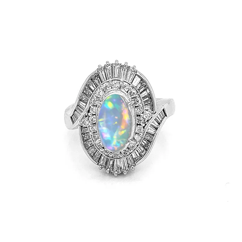 Crystal Opal Diamond Platinum Spiral Ring