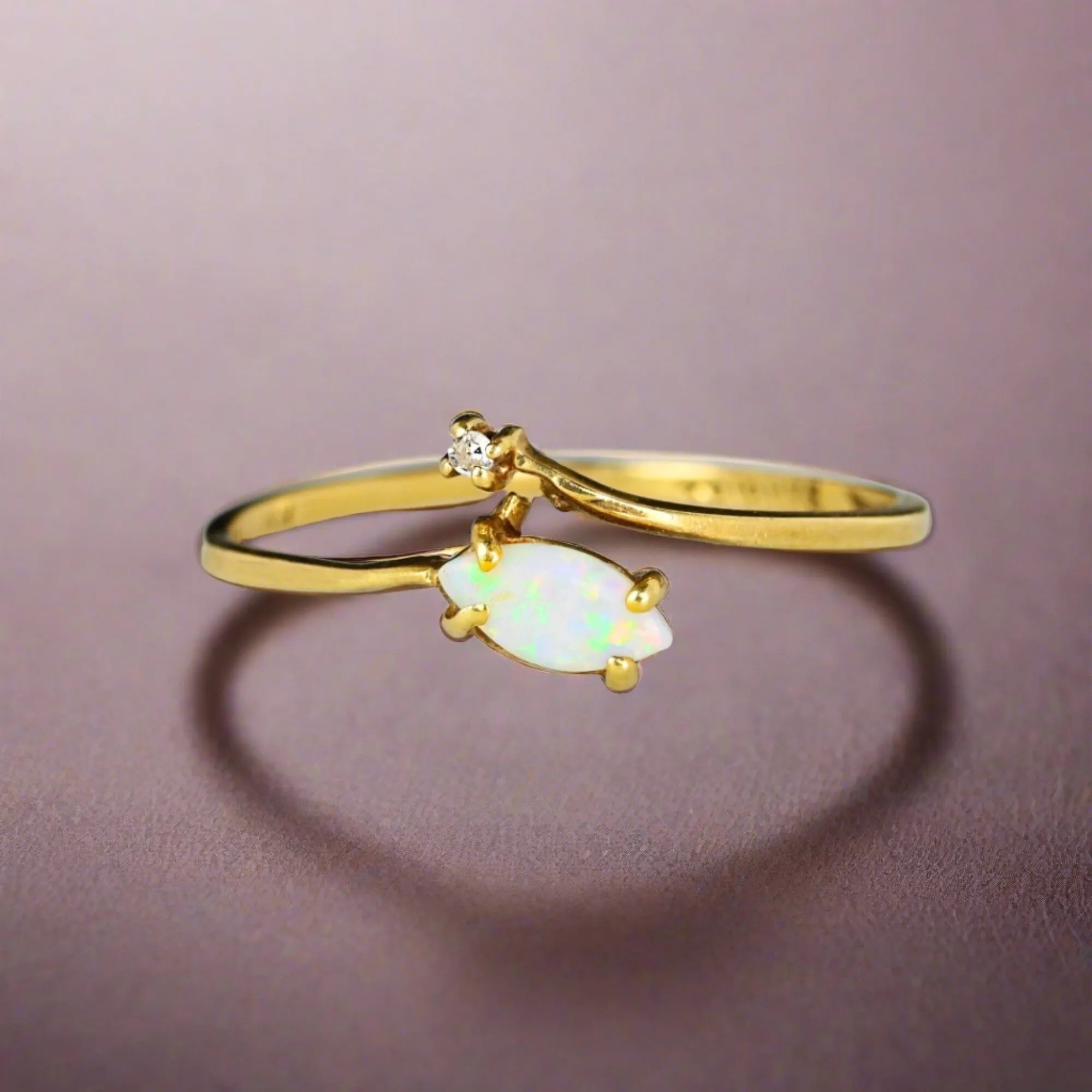 Dainty 10K Gold Bypass Diamond Marquis Opal Ring