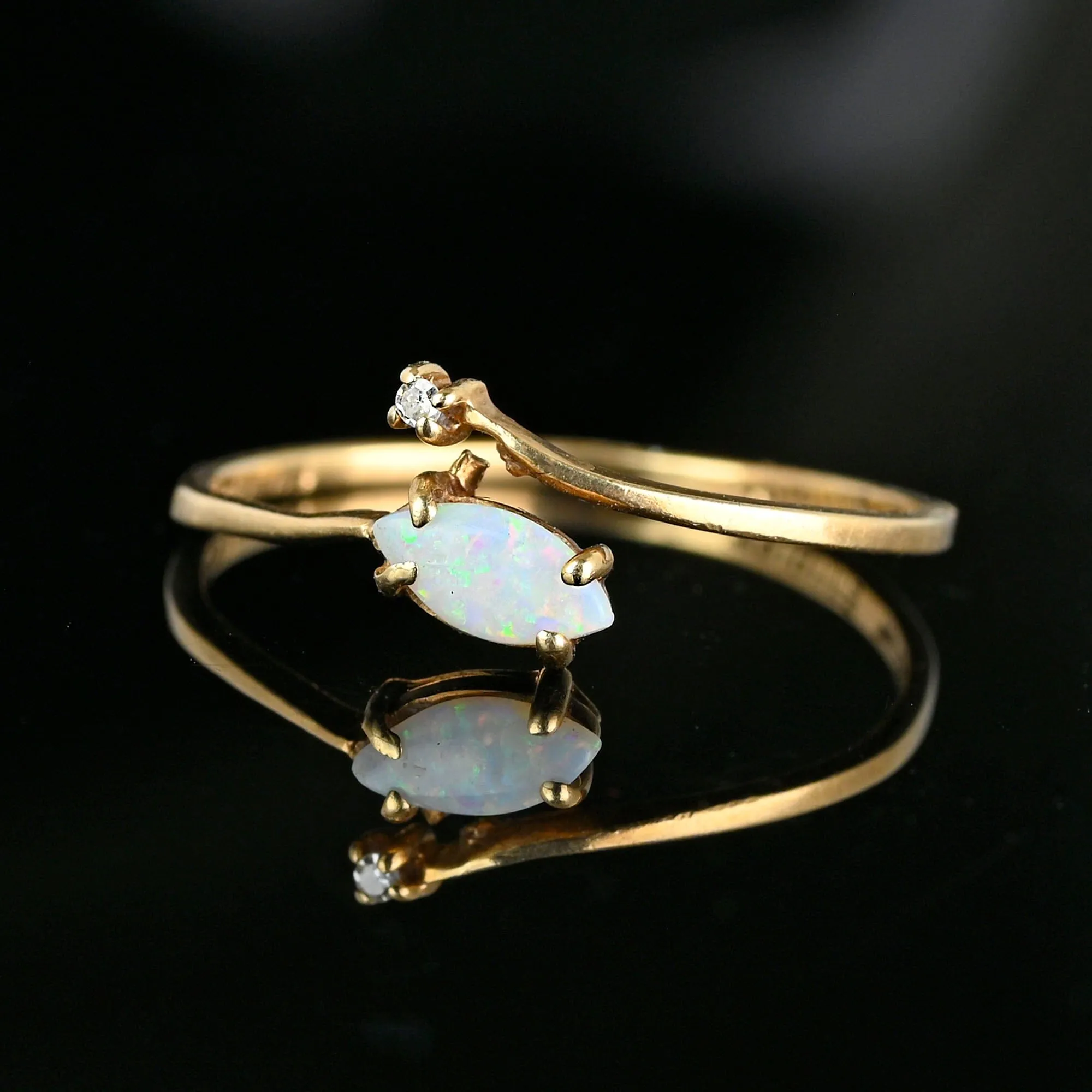 Dainty 10K Gold Bypass Diamond Marquis Opal Ring