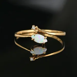 Dainty 10K Gold Bypass Diamond Marquis Opal Ring