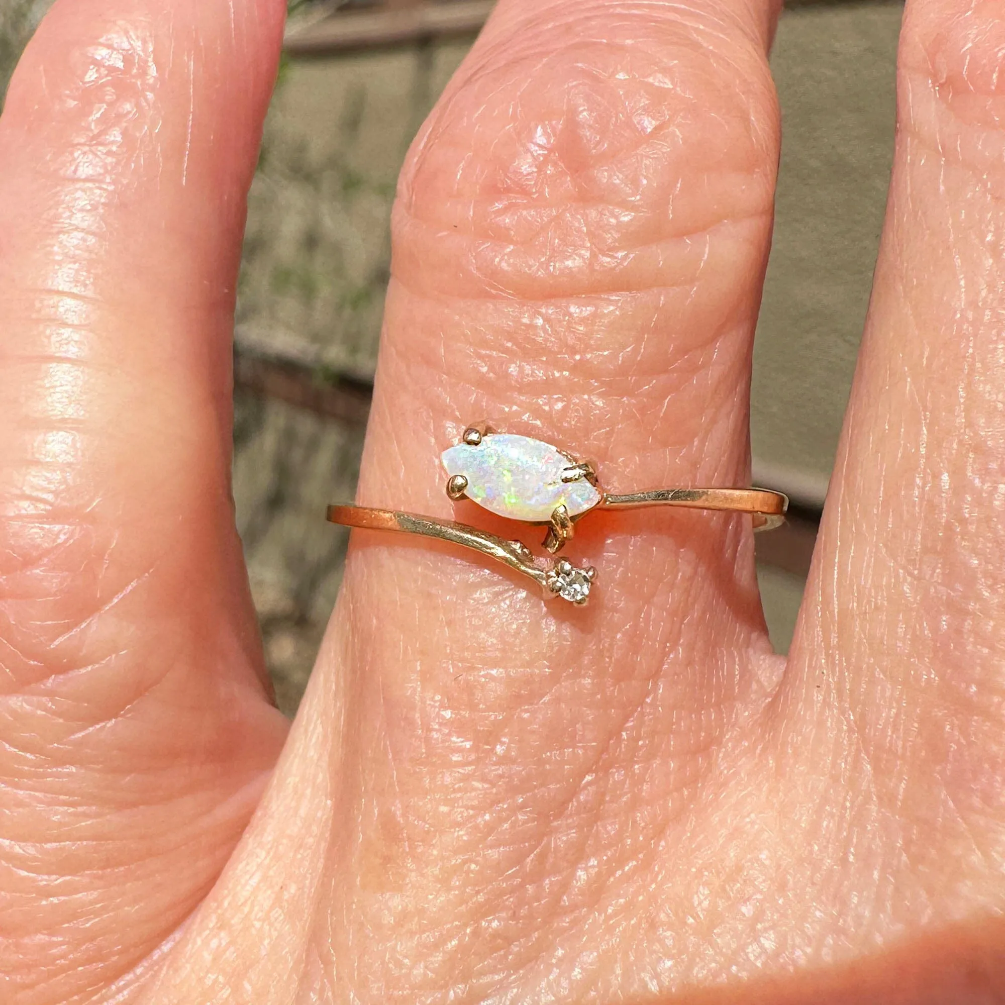 Dainty 10K Gold Bypass Diamond Marquis Opal Ring