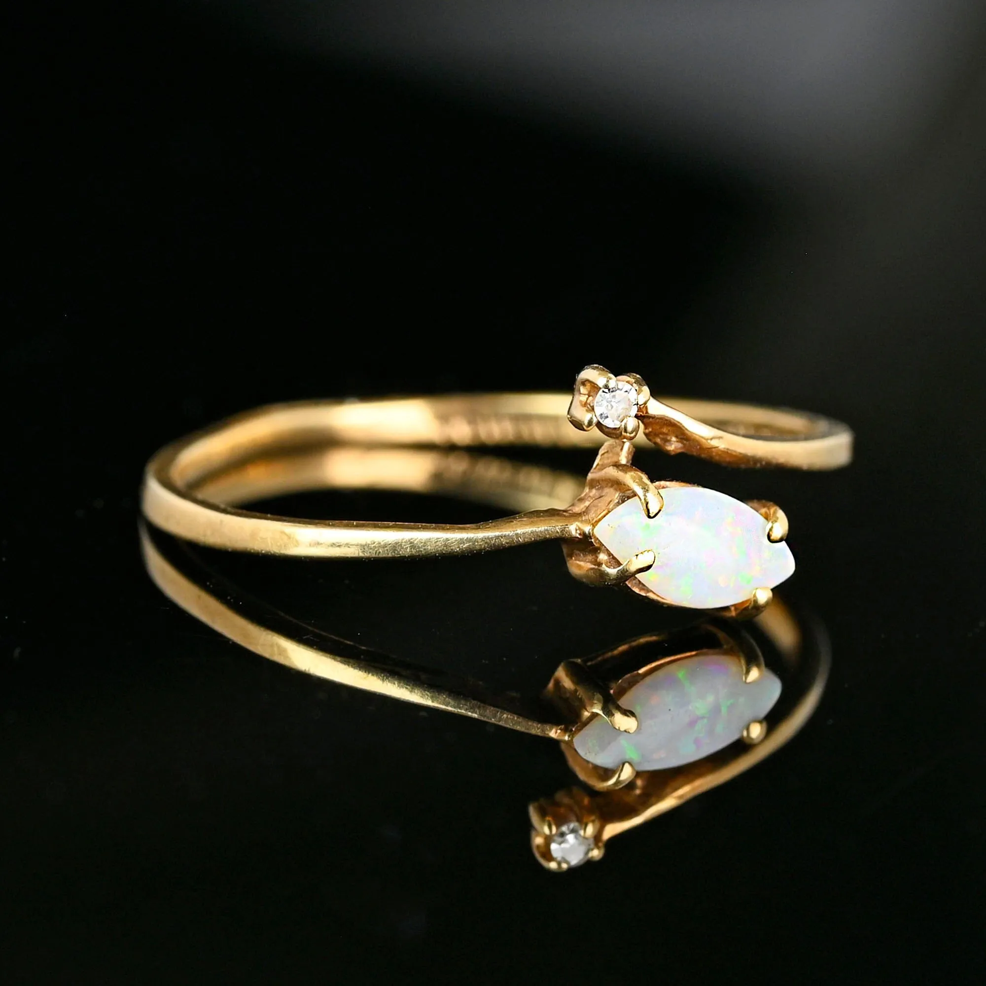 Dainty 10K Gold Bypass Diamond Marquis Opal Ring