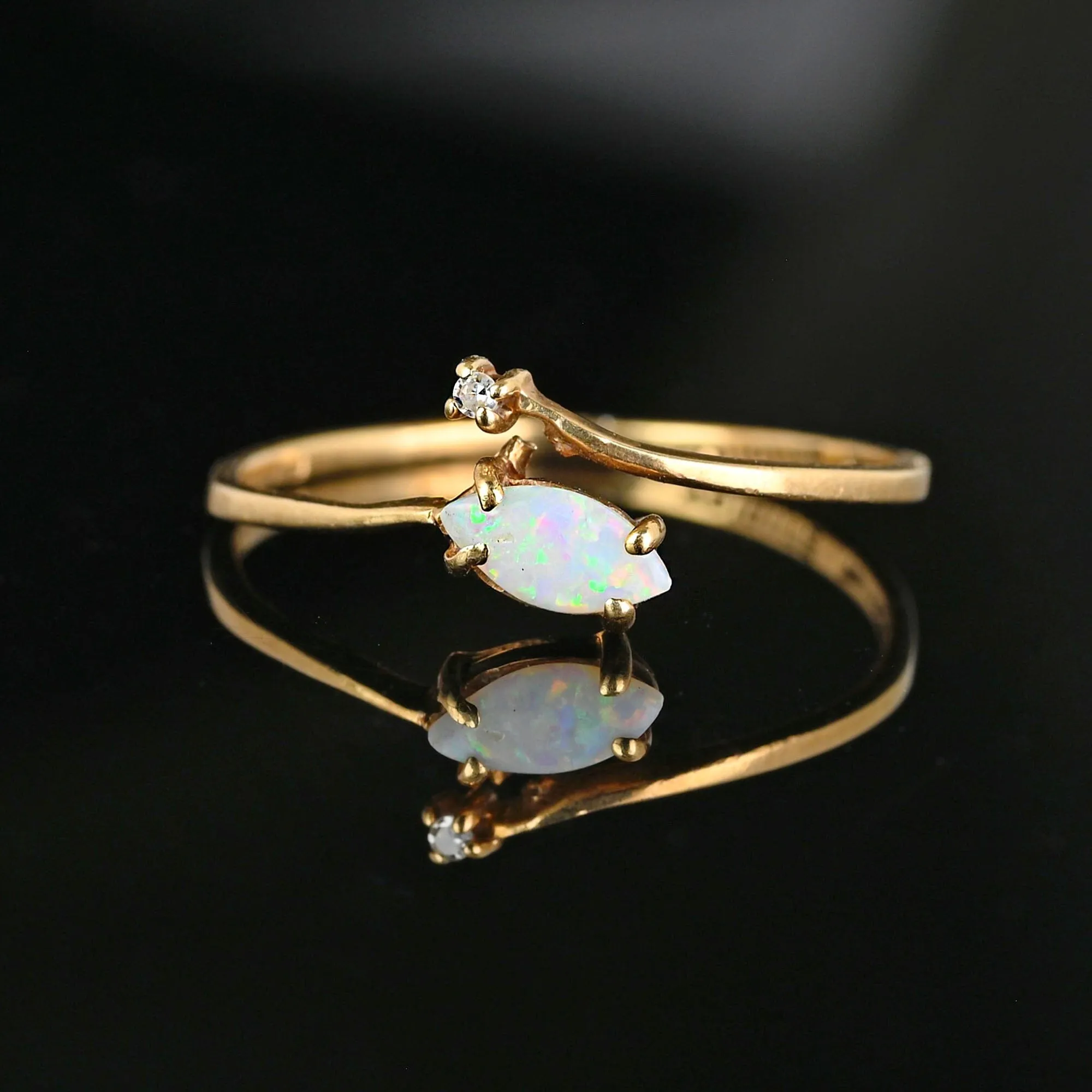 Dainty 10K Gold Bypass Diamond Marquis Opal Ring