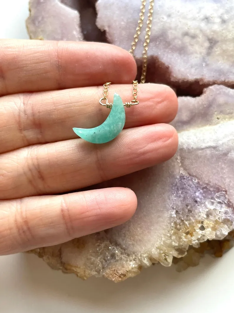 Dainty Amazonite Moon Pendant Necklace