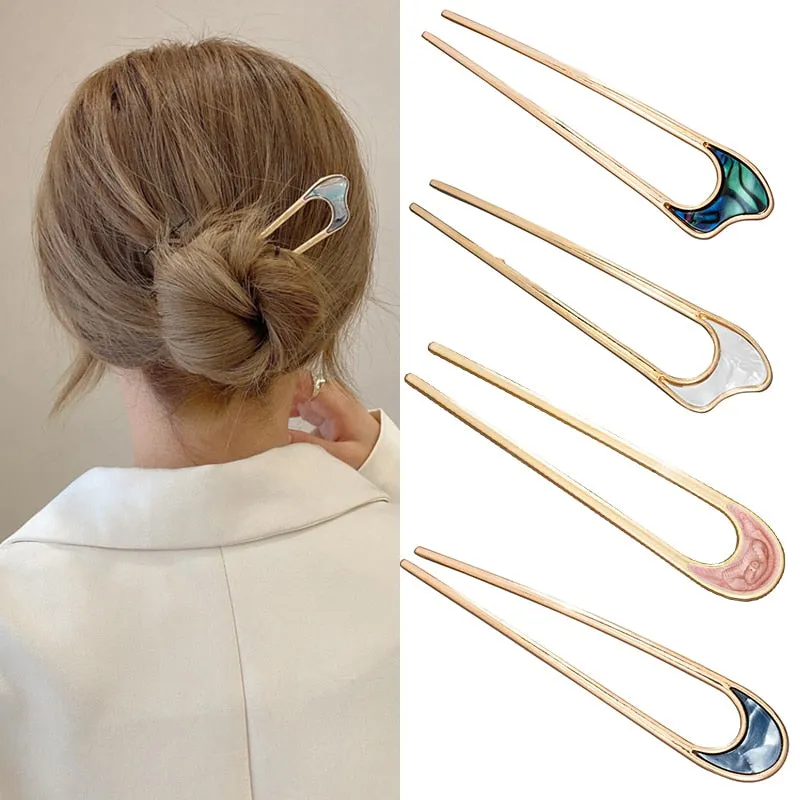 deanwangkt Fashion Hair Accessories Metal U Shape Hair Stick For Women Silver Gold Color Elegant Shell Enamel Hairpin Female Headwear New