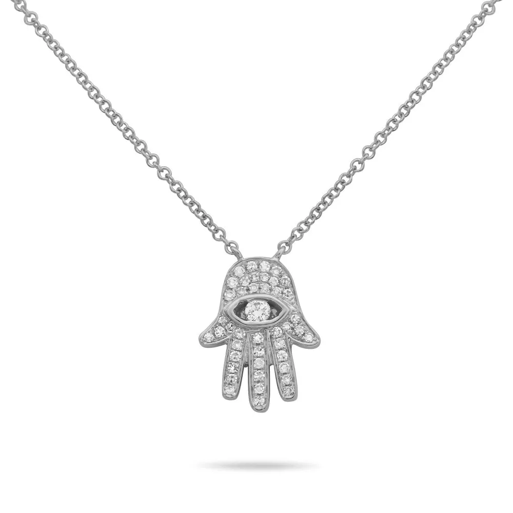 Diamond Hamsa and Evil Eye Pendant Necklace