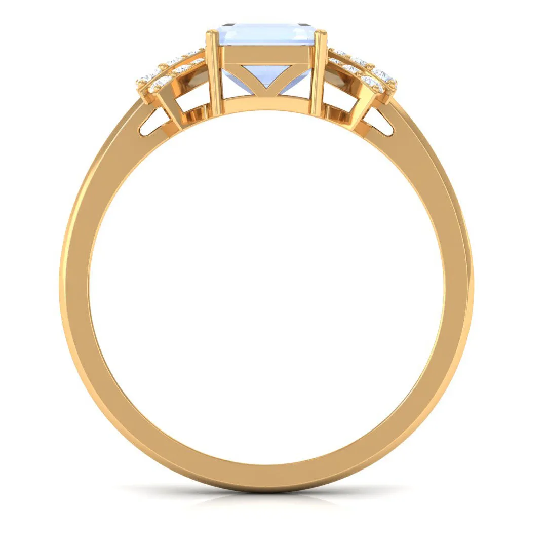 Emerald Cut Moonstone Designer Solitaire Ring with Diamond