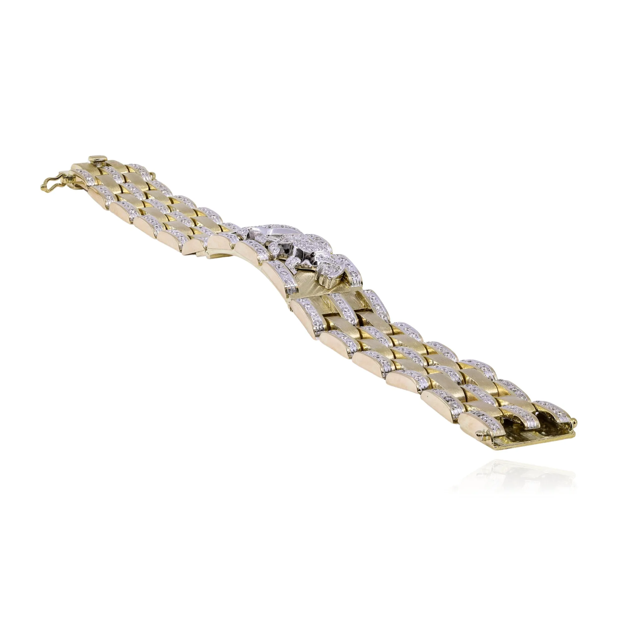 ESTATE 18K YELLOW AND WHITE GOLD DIAMOND PANTHER BRACELET - 1.25CTW