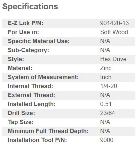 EZ-901420-13 E-Z Hex™ Threaded Insert for Soft Wood - Flanged - 1/4-20 x 13mm (Pack of 100)