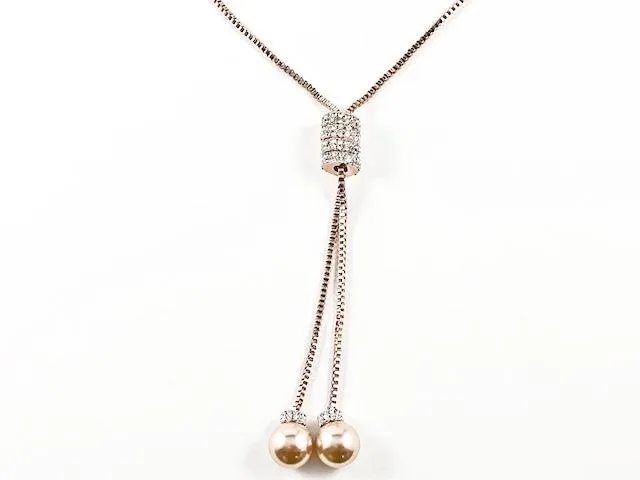 Fun Long Lariat Style Pearl Ends Pink Gold Tone Fashion Necklace