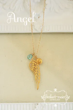 Gold Angel Wing Necklace Personalized with Birthstone and Initial