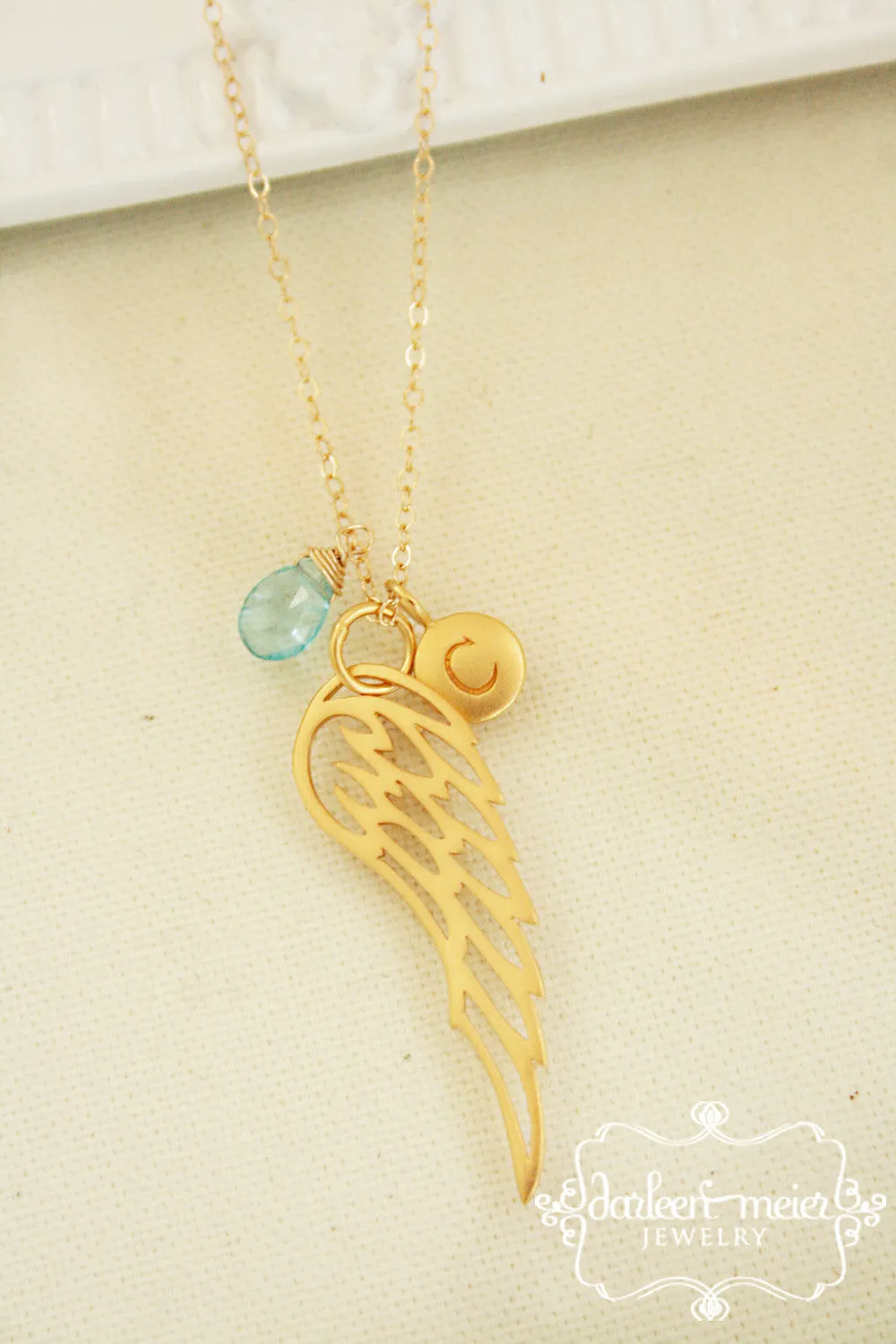 Gold Angel Wing Necklace Personalized with Birthstone and Initial