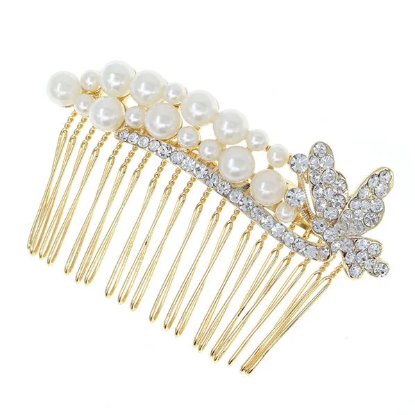 Gold Finish Pearl & Rhinestone Butterfly Bridal Decorative Comb