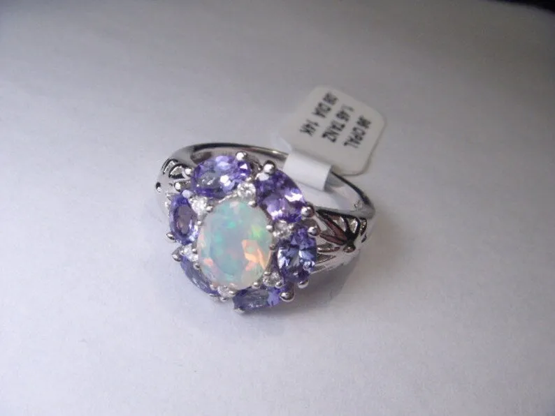 Gorgeous Estate 14K White Gold Diamod Tanzanite Opal Filigree Ring