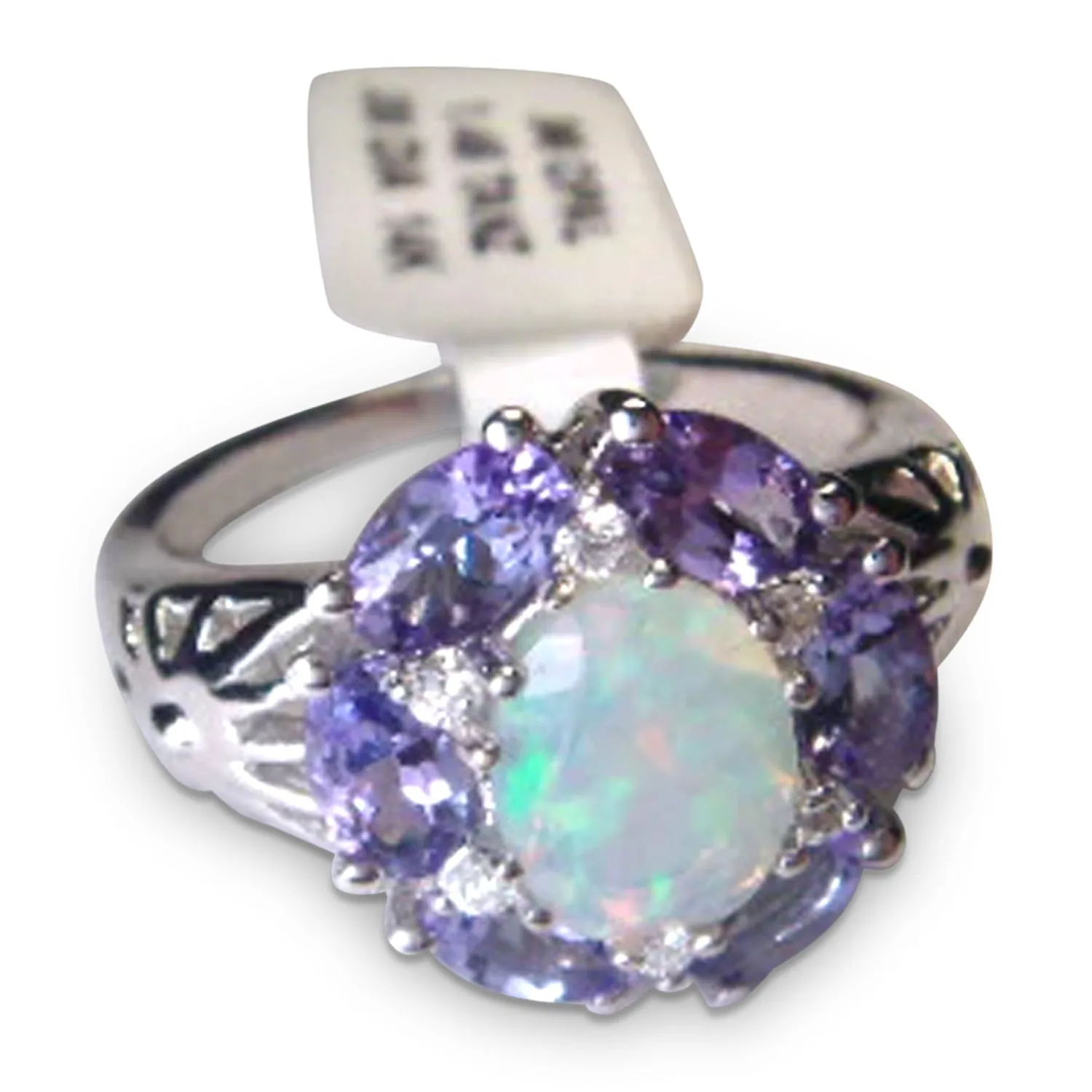 Gorgeous Estate 14K White Gold Diamod Tanzanite Opal Filigree Ring