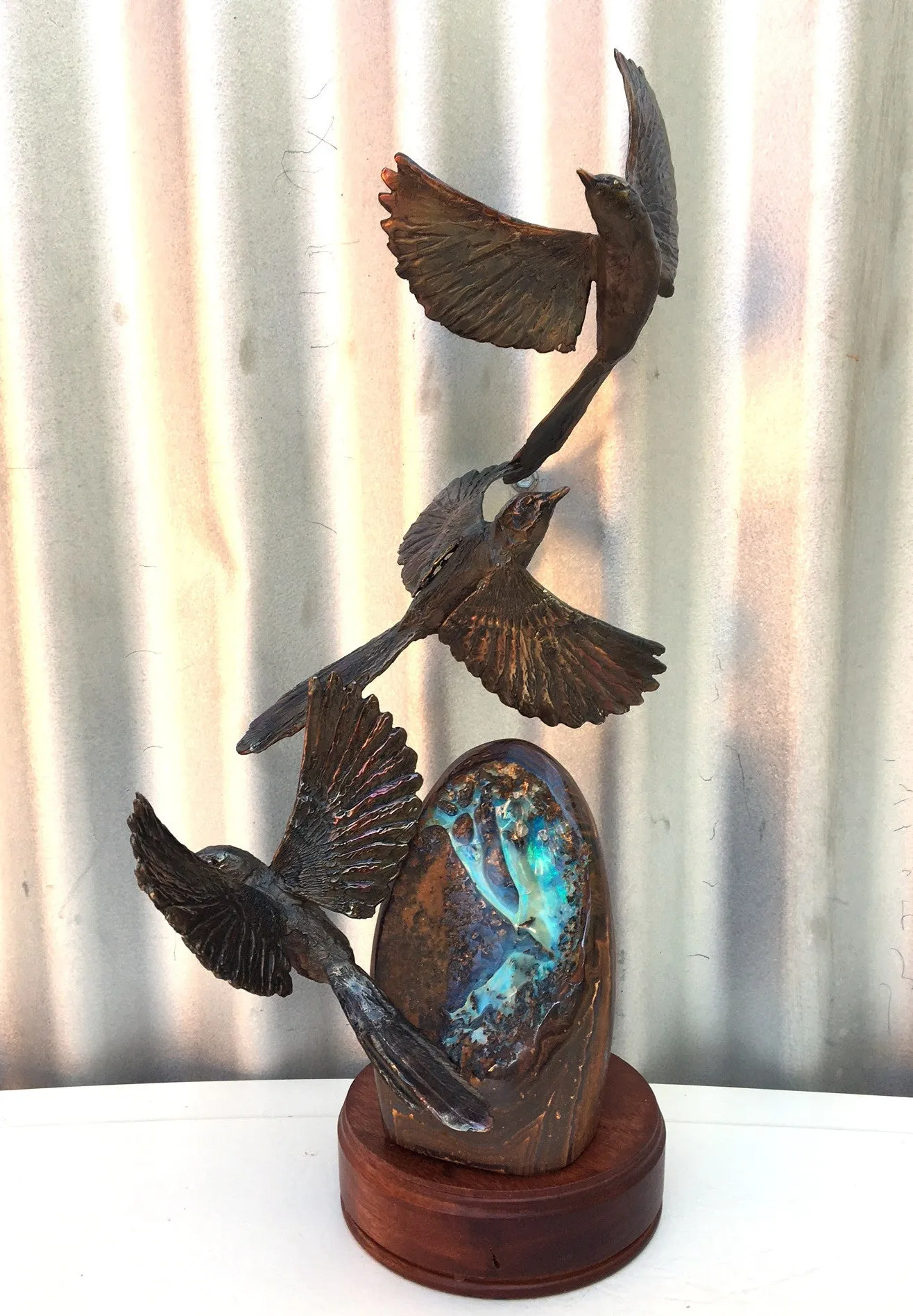 Green / Blue Boulder Opal with Bronze Wrens in Flight