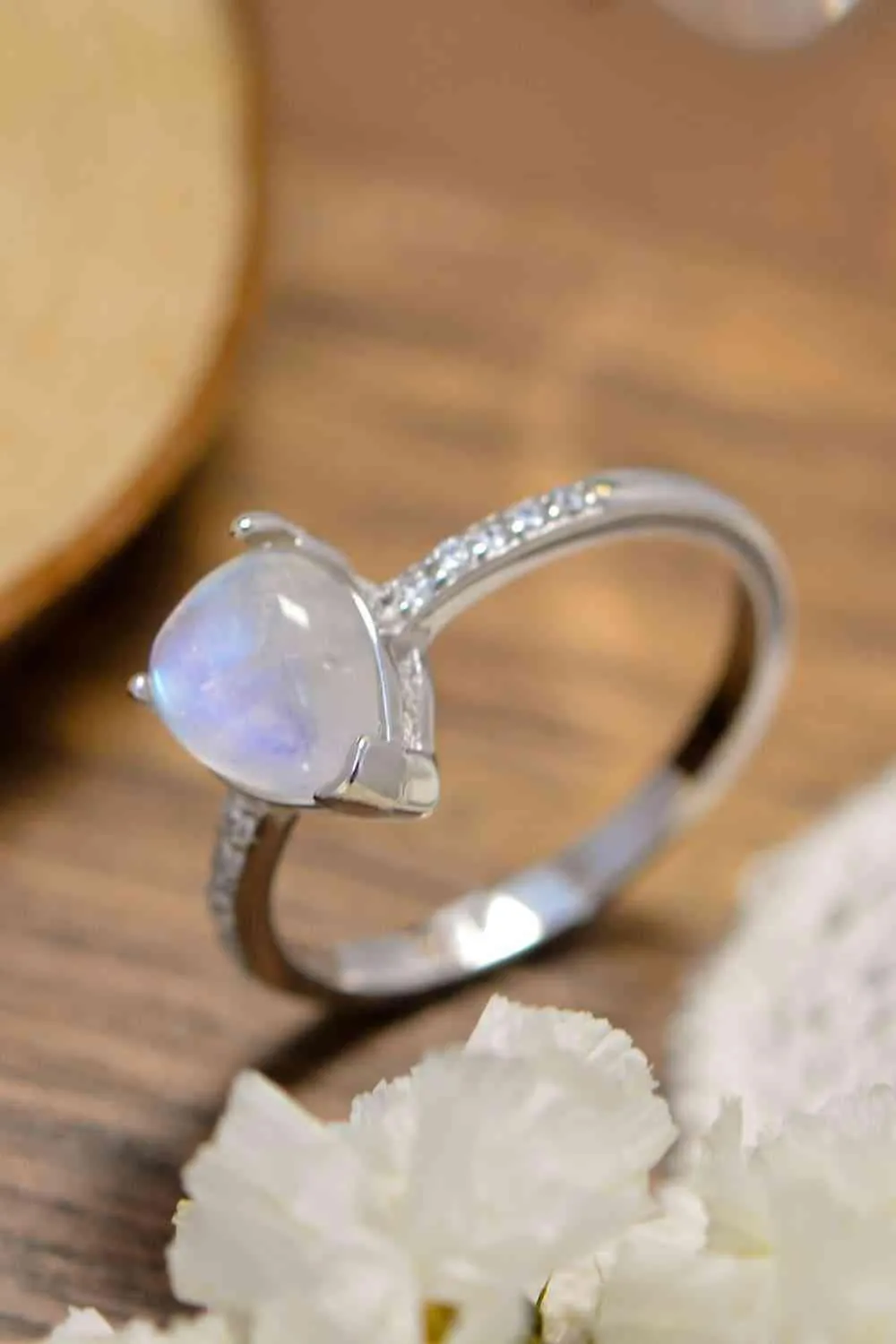 High Quality Natural Moonstone Teardrop Side Stone Ring