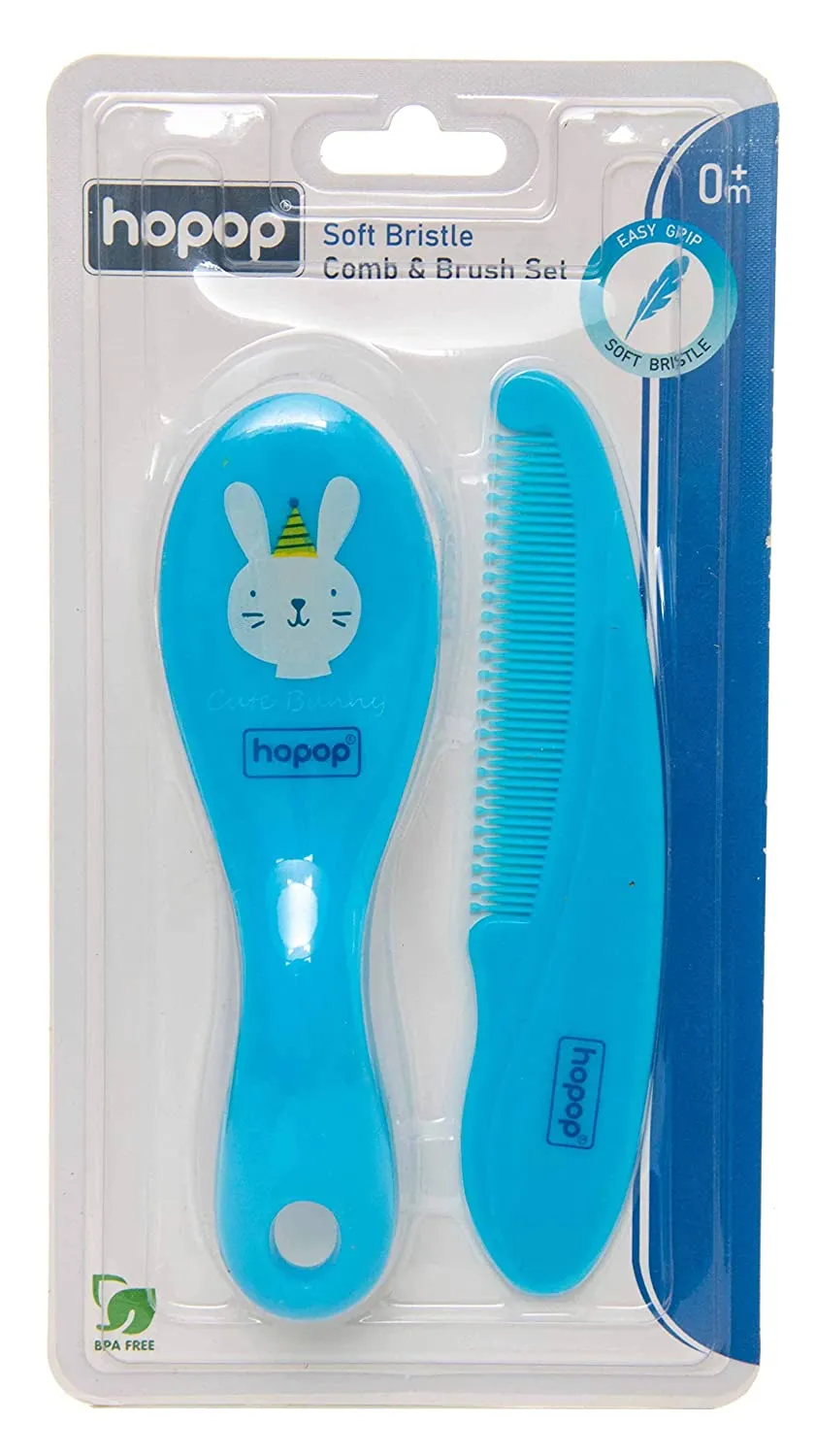 HOPOP Soft Bristle Comb & Brush Set For Babies - Blue 0m 