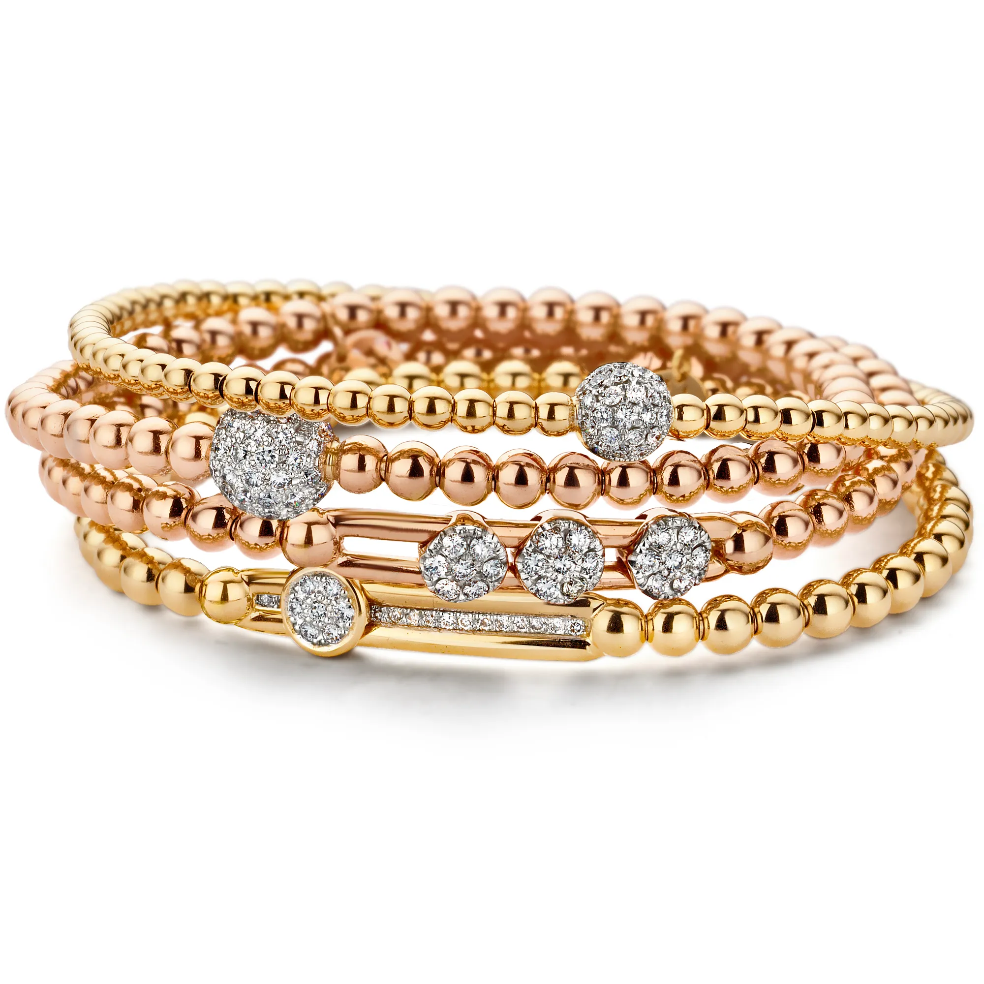 Hulchi Belluni 18K Yellow Gold Stretch Stackable Bracelet with Large Pave Diamond Ball Station