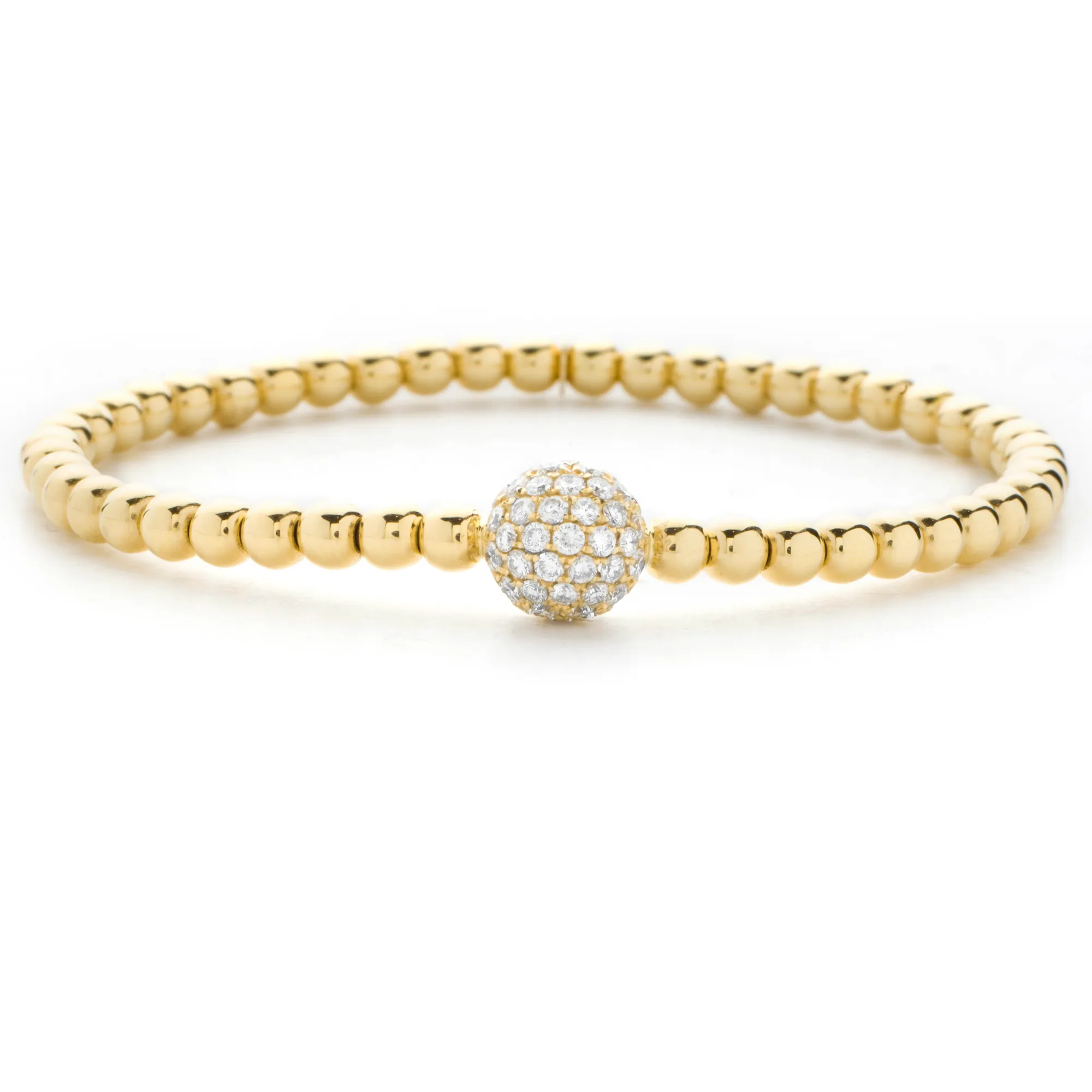 Hulchi Belluni 18K Yellow Gold Stretch Stackable Bracelet with Large Pave Diamond Ball Station