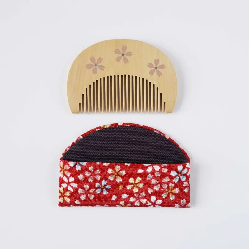 Japanese Maki-e Urushi Lacquer Tsuge (Boxwood) Comb with Chirimen (Crepe Fabric) Case - Cherry Blossom - ,  Handmade in Kyoto, Japan,  Japanese traditional hair comb