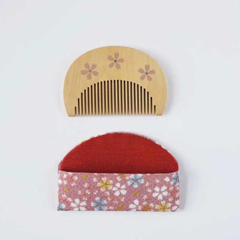 Japanese Maki-e Urushi Lacquer Tsuge (Boxwood) Comb with Chirimen (Crepe Fabric) Case - Cherry Blossom - ,  Handmade in Kyoto, Japan,  Japanese traditional hair comb