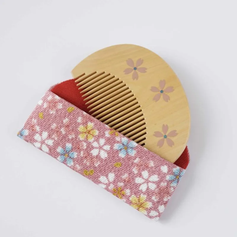 Japanese Maki-e Urushi Lacquer Tsuge (Boxwood) Comb with Chirimen (Crepe Fabric) Case - Cherry Blossom - ,  Handmade in Kyoto, Japan,  Japanese traditional hair comb