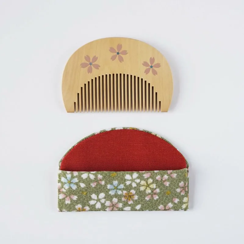 Japanese Maki-e Urushi Lacquer Tsuge (Boxwood) Comb with Chirimen (Crepe Fabric) Case - Cherry Blossom - ,  Handmade in Kyoto, Japan,  Japanese traditional hair comb