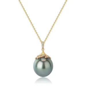 Large Tahitian Pearl Pendant Gold Bead Necklace