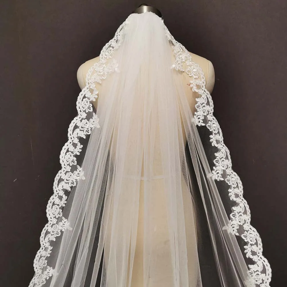 Long Cathedral Wedding Veil with Floral Appliques All Around-One Layer