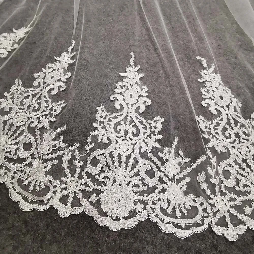 Long Cathedral Wedding Veil with Floral Appliques All Around-One Layer