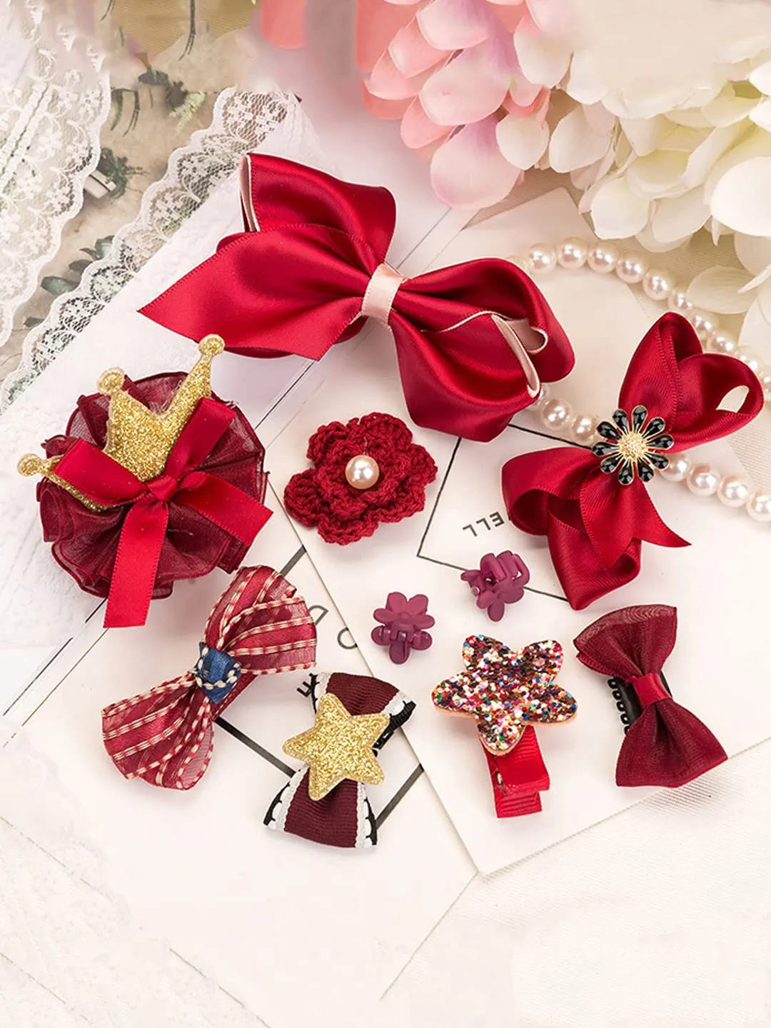 Melbees by Yellow Chimes Kids Hair Accessories for Girls Hair Accessories Combo Set Red 10 Pcs Baby Girl's Hair Clips Set Cute Claw Clip Bow Clips For Girls Assortment Gift set for Kids Teens Toddlers