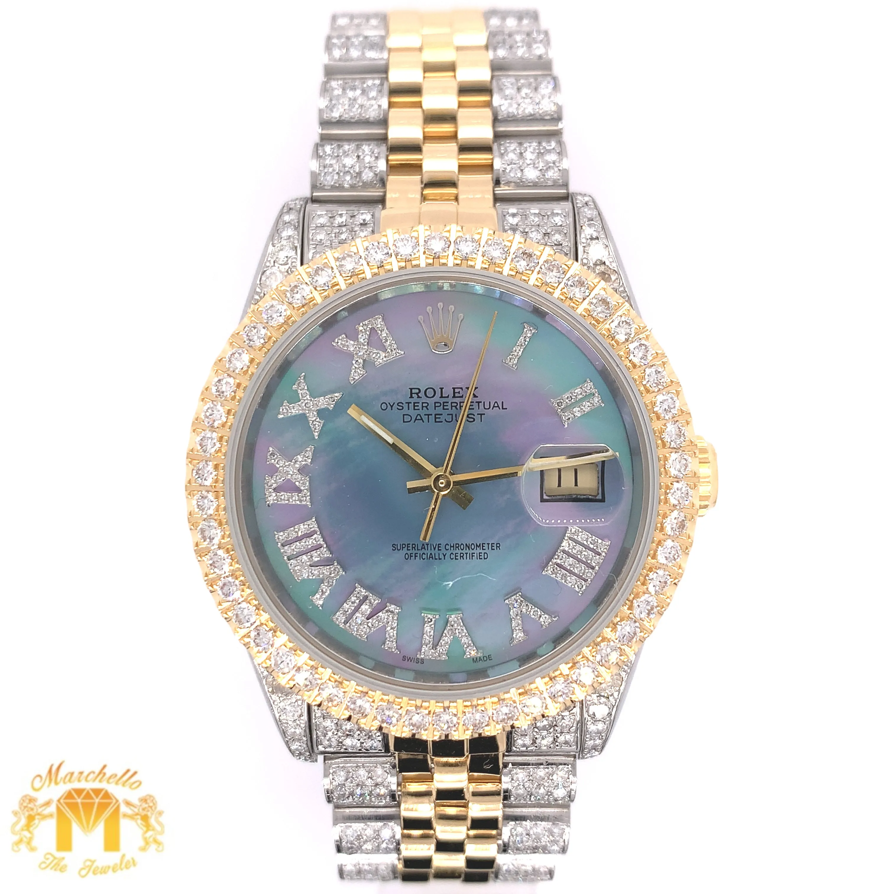 Model: 16030 36mm Rolex Datejust Two-Tone Jubilee Band   White Gold & Diamond Square Shape Bangle   Diamond and Gold Earrings Set  Gift from Marchello the Jeweler (choose your color)