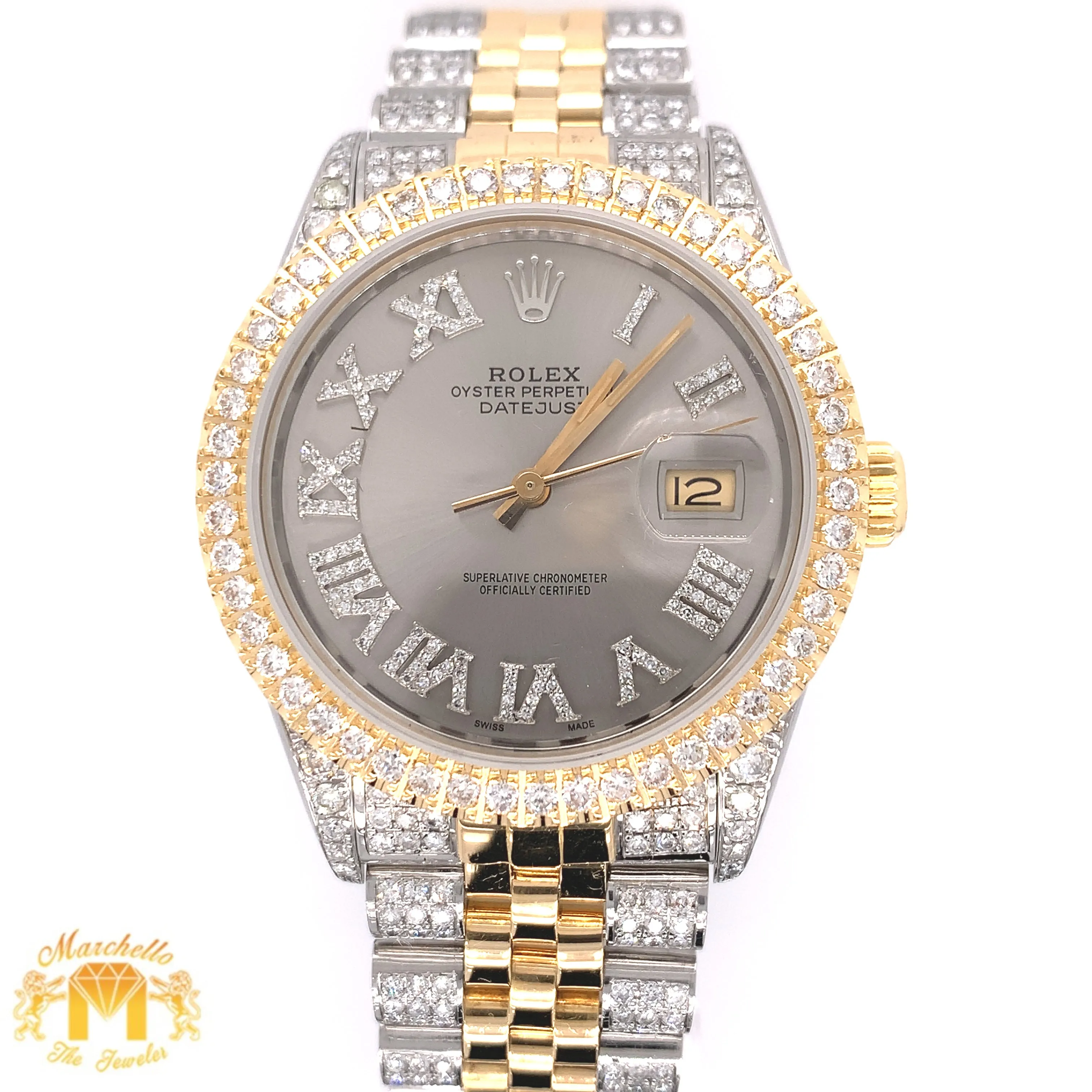 Model: 16030 36mm Rolex Datejust Two-Tone Jubilee Band   White Gold & Diamond Square Shape Bangle   Diamond and Gold Earrings Set  Gift from Marchello the Jeweler (choose your color)