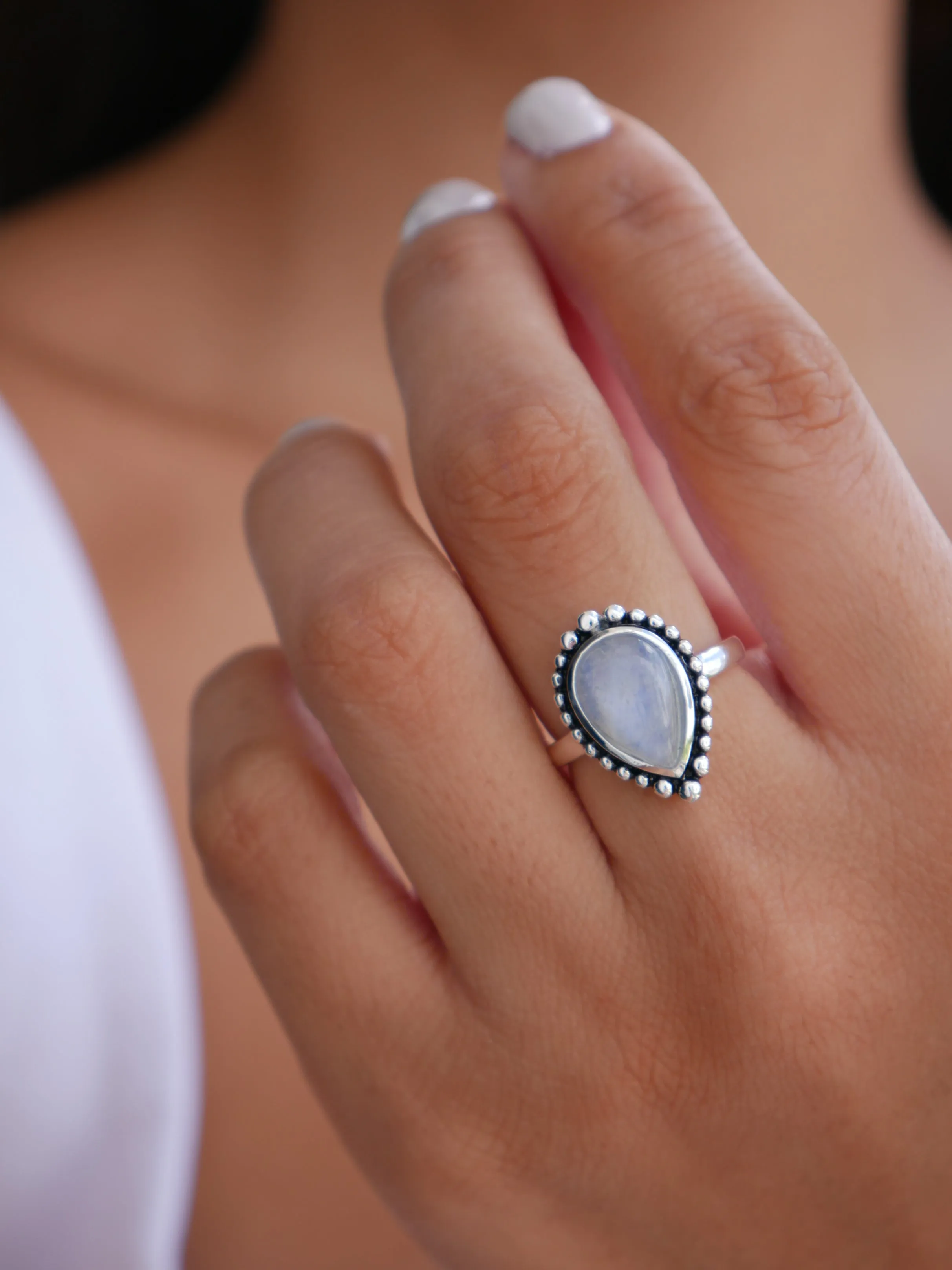 Moonstone Silver Ring, 925 Sterling Silver Natural Moonstone Birthstone Pear Shape Chakra Statement Ring