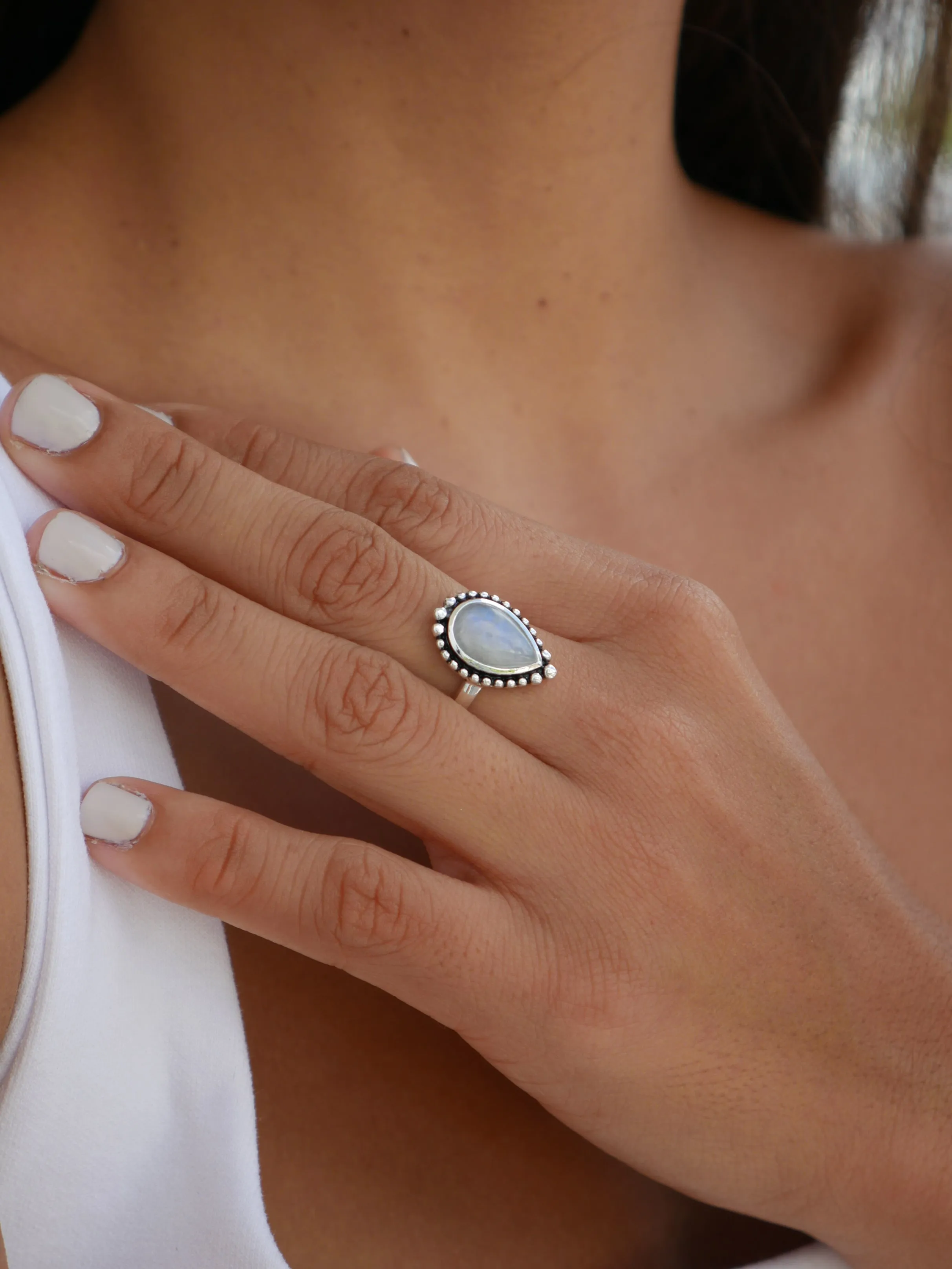 Moonstone Silver Ring, 925 Sterling Silver Natural Moonstone Birthstone Pear Shape Chakra Statement Ring