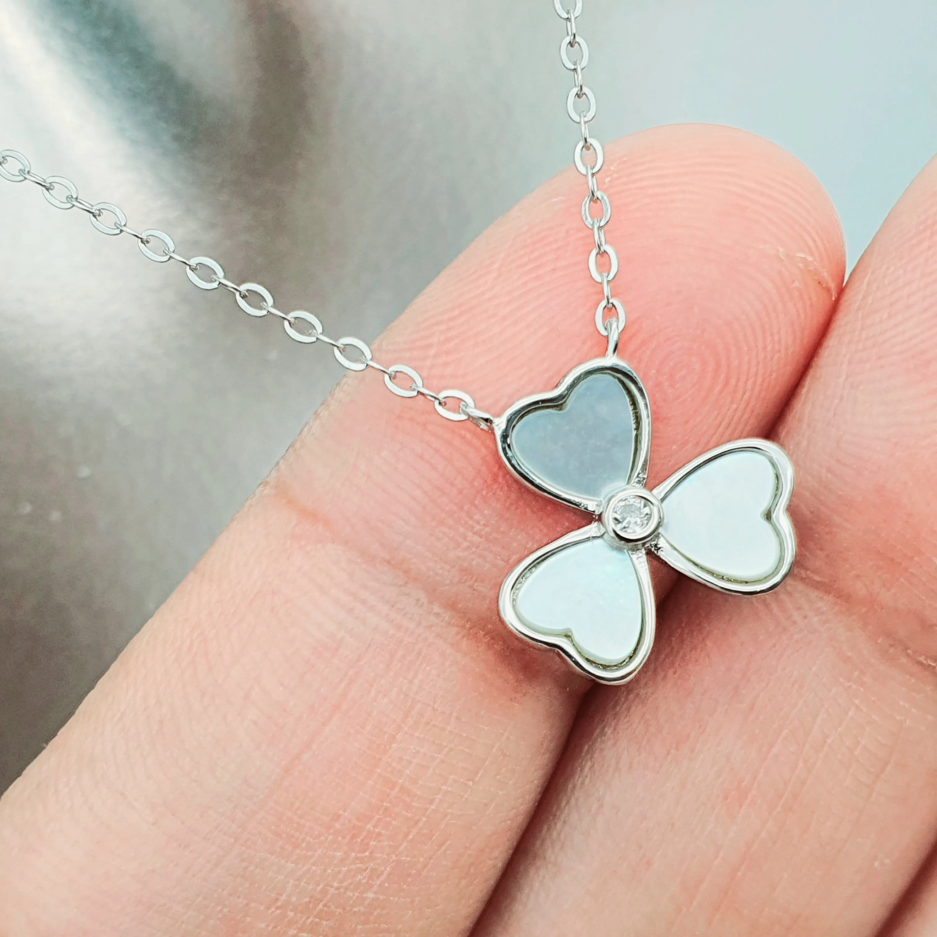 Mother of Pearl 3 Leaf Clover Necklace, Sterling Silver