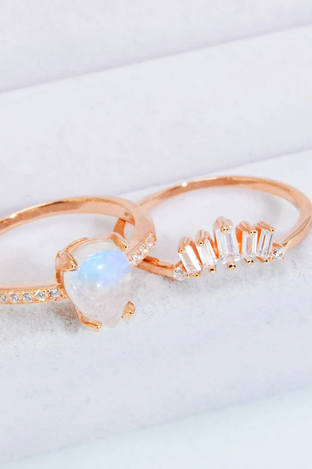 Natural Moonstone and Zircon 18K Rose Gold-Plated Two-Piece Ring Set