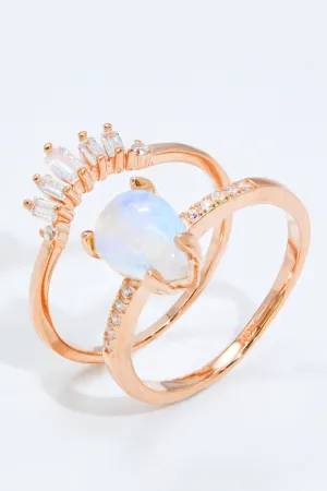 Natural Moonstone and Zircon 18K Rose Gold-Plated Two-Piece Ring Set