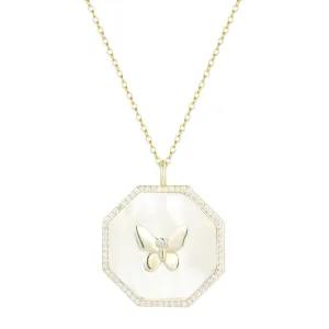 Octagon Butterfly Medallion Necklace - Pearl